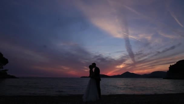 Silhueta de um casal recém-casado no mar ao pôr-do-sol. Casamento em — Vídeo de Stock