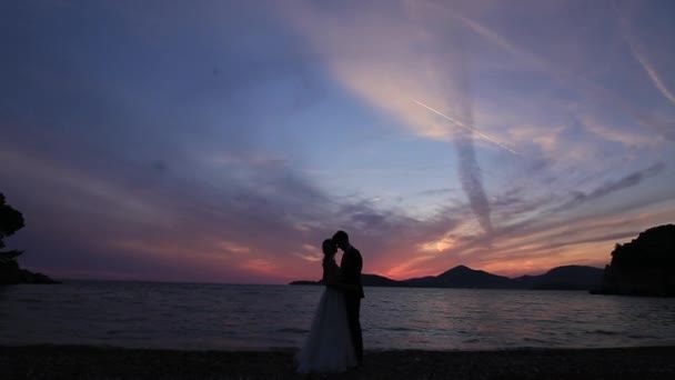 Σιλουέτα του ένα νιόπαντρο ζευγάρι στη θάλασσα στο ηλιοβασίλεμα. Γάμος στην — Αρχείο Βίντεο