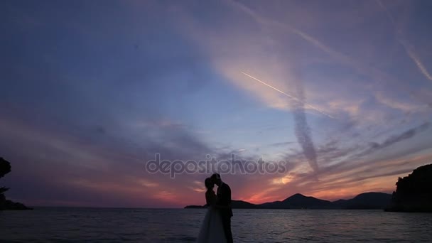 Silhouette d'un couple de jeunes mariés à la mer au coucher du soleil. Mariage en — Video