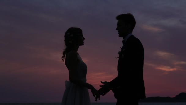 Σιλουέτα των νεόνυμφων εναντίον του ουρανού κατά το ηλιοβασίλεμα. Γάμο μου — Αρχείο Βίντεο