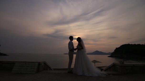 Silhouet van een jonggehuwde paar aan de zee bij zonsondergang. Bruiloft in — Stockvideo