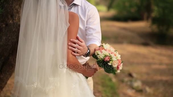 Le marié embrasse la mariée dans la forêt. Mariage à Xoegr — Video