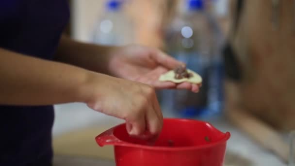 Hon skulpterar dumplings i köket. Laga mat. — Stockvideo