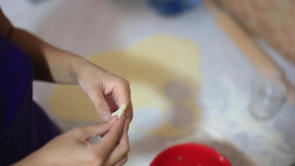 彼女は台所で餃子を sculpts します。調理食品. — ストック動画