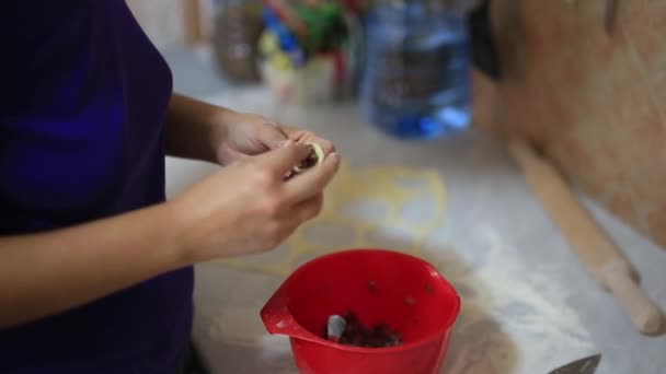 In der Küche formt sie Knödel. Essen kochen. — Stockvideo