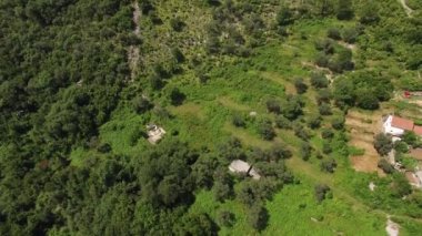 Bir iskele ve Petrovac kasaba kıyı konut evleri ile şehir kumlu plaj. Havadan görünümü