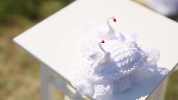 Oreiller pour anneaux avec cygnes. Décorations de mariage. Mariage à Mon — Video