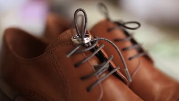 Wedding rings on a brown mens shoes — Stock Video