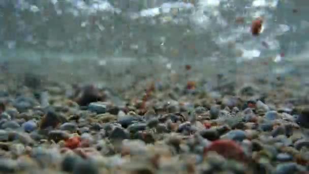 水中撮影。砂のビーチは小石し、波をクローズ アップ。Cle — ストック動画