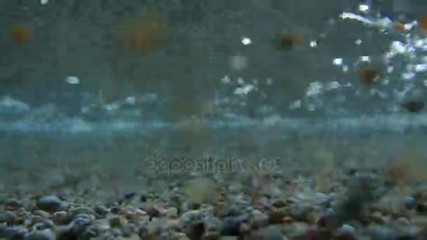 Unterwasserschießen. Sand, Kieselsteine und Wellen aus nächster Nähe. Das ist nicht der Fall. — Stockvideo