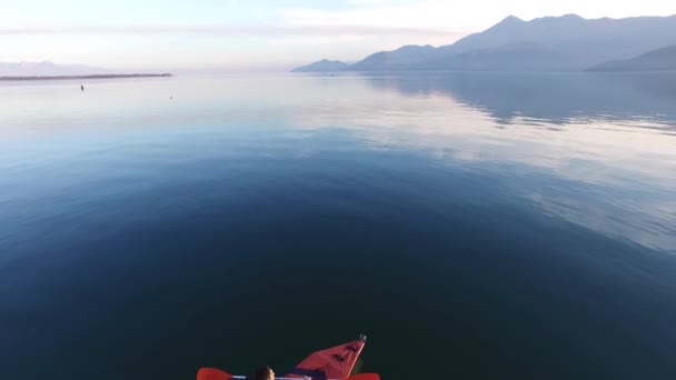 モンテネグロのシュコダル湖でカヤック。観光カヤックします。空中のフォー — ストック動画