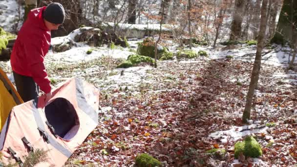 Touristin trägt Kajak zum Wasser im Wald. — Stockvideo