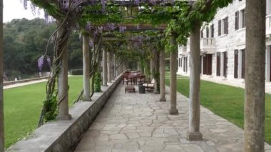 Villa Milocer, wisteria ağaçların altında restoranda t