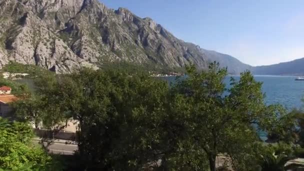 Båten i fjärden av Kotor, flygfotografering drone, Adriati — Stockvideo