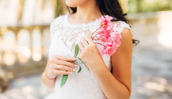 Oleanderblüte in den Händen der Mädchen — Stockfoto