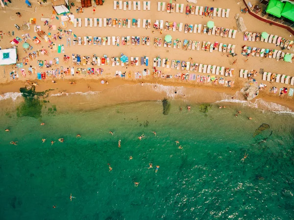 Üstten Görünüm Beach. Turistler yüzmek ile kumlu plaj havadan görünümü