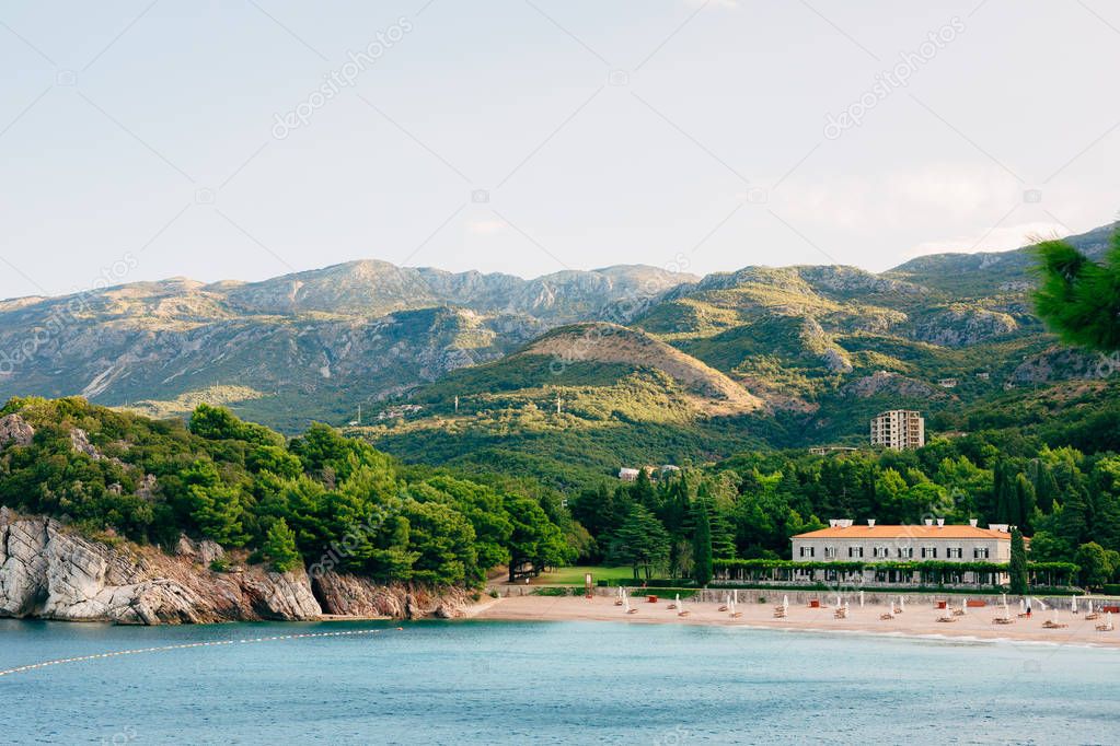 The park Milocer, Villa, beach Queen. Near the island of Sveti Stefan in Montenegro. Wide frame