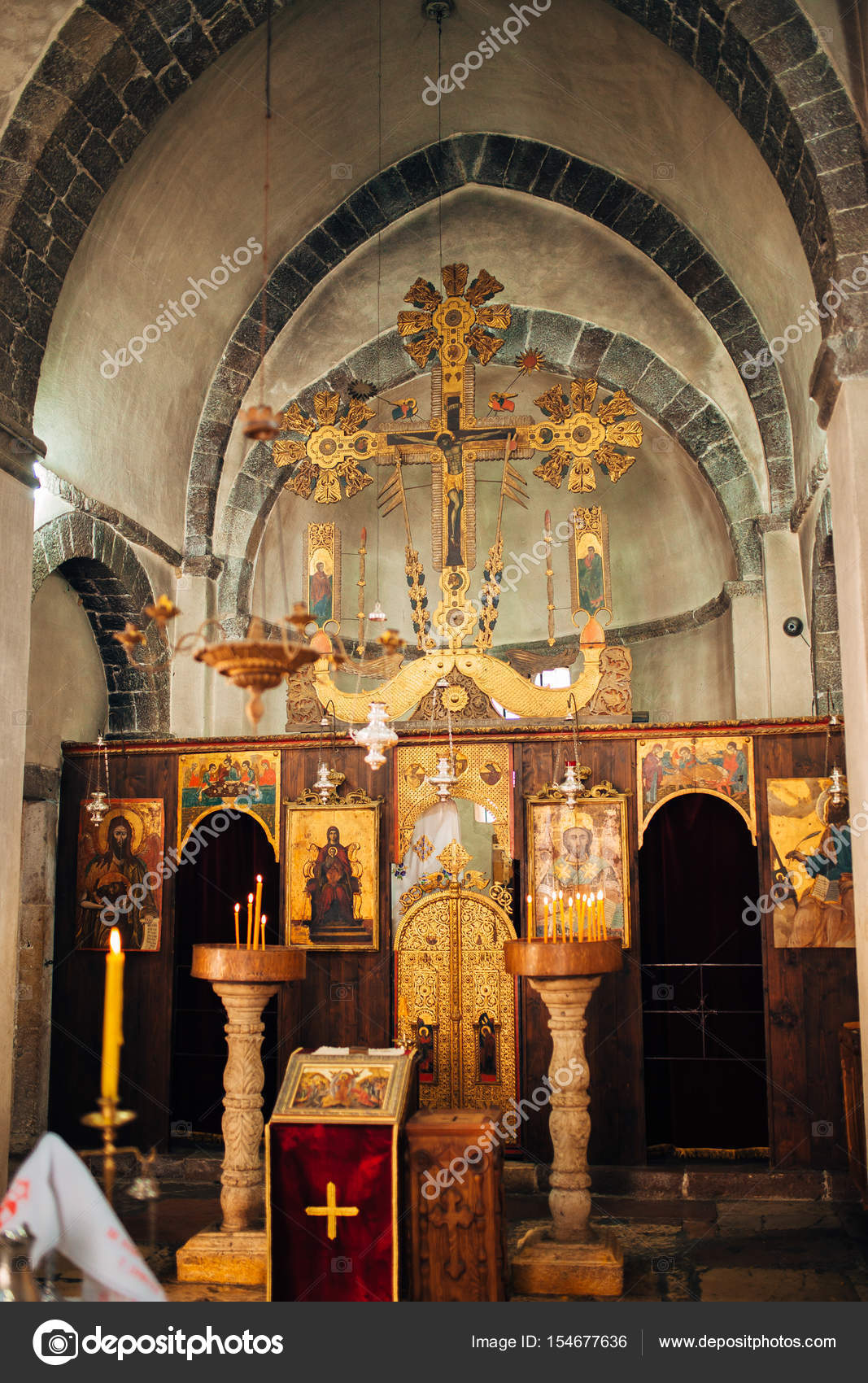 The Interior Of The Church Icons Chandelier Candles In A
