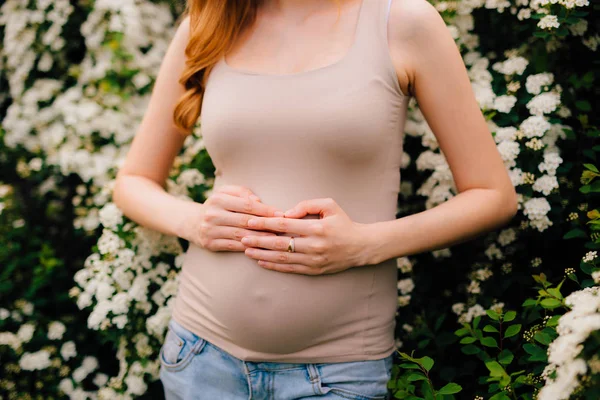 Mulher grávida segurando barriga com as mãos — Fotografia de Stock