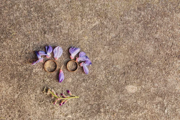 Обручальные кольца на камнях в траве — стоковое фото