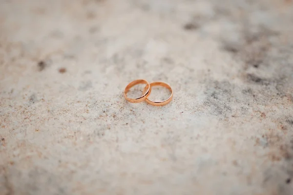 Anéis de casamento nas pedras na grama — Fotografia de Stock