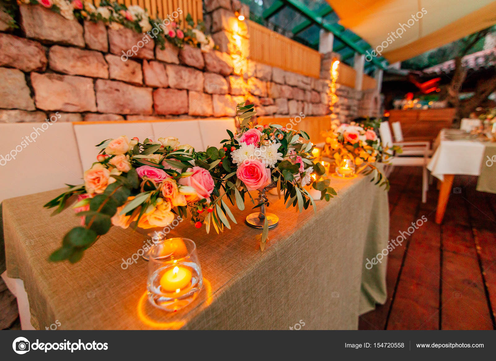Flower Compositions On The Wedding Table In Rustic Style Wedding