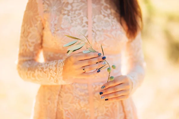 柔らかい女性の手でオリーブの枝 — ストック写真