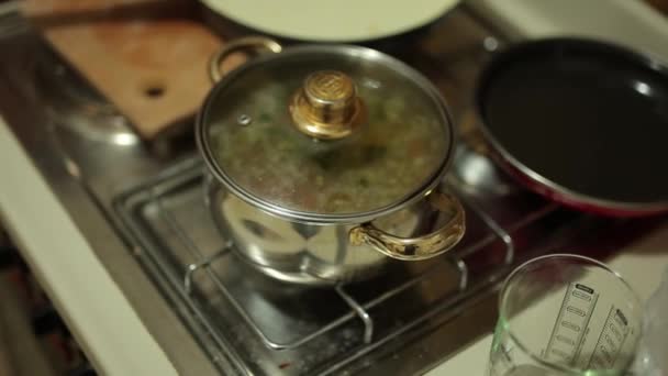Σούπα σε μια κατσαρόλα στο μάτι της κουζίνας. Μαγείρεμα των τροφίμων — Αρχείο Βίντεο