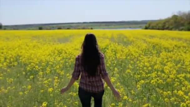 Flickan kör på ett fält av våldtäkt — Stockvideo