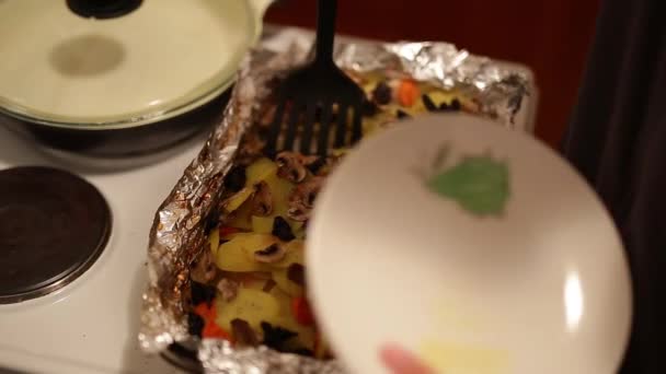 Braadpan met champignons in de oven — Stockvideo