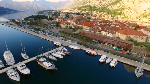Przystań i cumowania statków i jachtów w Kotor. Bay Koto — Wideo stockowe