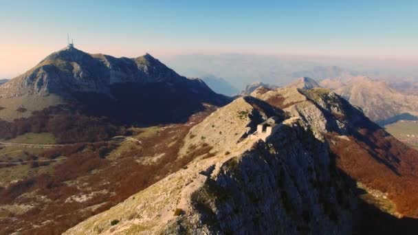 Mausoleum of Njegos on the Mount Lovcen in Montenegro. Aerial su — Stock Video