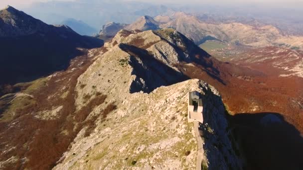 Mausoleum of Njegos on the Mount Lovcen in Montenegro. Aerial su — Stock Video