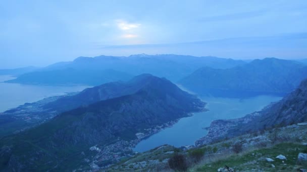 Bay of Kotor at night. View from Mount Lovcen down towards Kotor — Stock Video