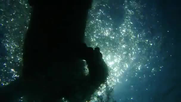 Een toerist in een masker en vinnen drijft onder de zee in de zee. Di — Stockvideo