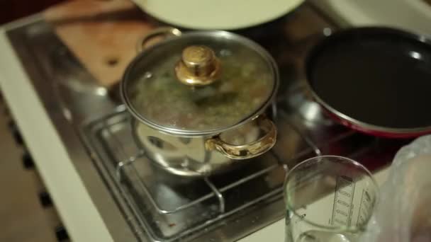 Sopa en una olla en la estufa. Cocinar alimentos — Vídeos de Stock