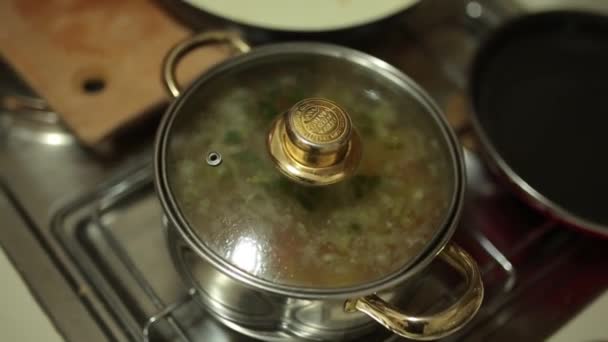 Soupe dans une casserole sur la cuisinière. Cuisson des aliments — Video