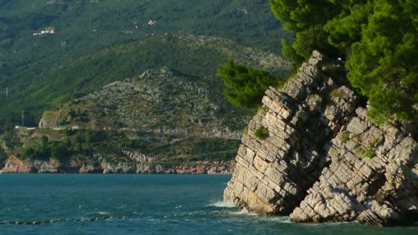 Rocas en el mar en Montenegro. Costa rocosa. Playa salvaje. Dangero — Vídeo de stock