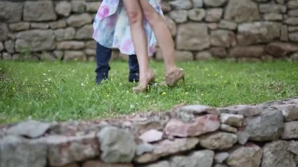 Couple in an olive grove. The newlyweds embrace in the forest. W — Stock Video