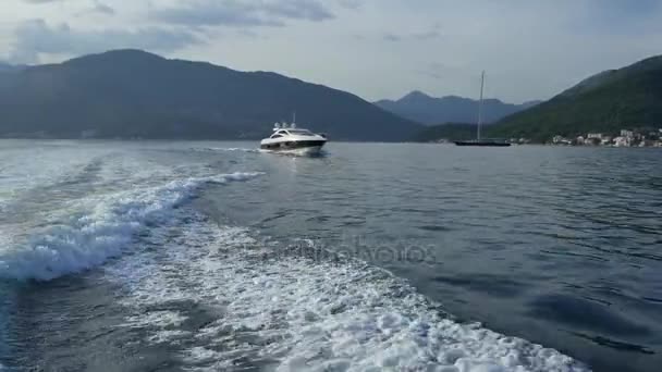 Båt i fjärden av Kotor. Montenegro, vattnet i Adriatiska havet — Stockvideo