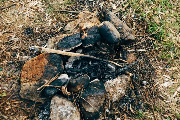 Um lugar para uma fogueira na floresta. Um pequeno fogo para cozinhar — Fotografia de Stock