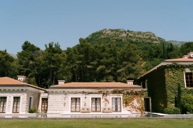 Budva, Karadağ - 10 Haziran 2019: Lüks otel Aman Sveti Stefan. Spa binasının ön cephesi. Sarmaşık dallarıyla kaplı beyaz mermer bina, yerde büyük pencereler, zarif ahşap mobilyalar.