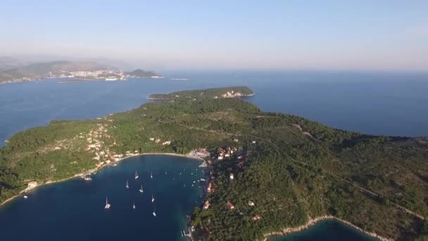 Drone vlucht nabij het eiland Kolochep, Kroatië. Jachten afgemeerd in zee, de kust van het eiland in de Adriatische Zee. Bovenaanzicht vanuit de lucht. — Stockvideo