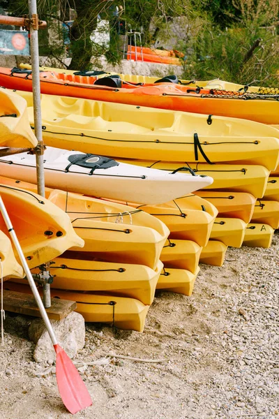 A warehouse of yellow kayaks on the shore. Single kayaks. Rental kayakshop store on sandy beach — Stock Photo, Image