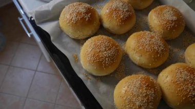 Hamburgerler fırından yeni çıktı, hala sıcak, susam tohumları bol bol serpiştirilmiş. Ev yapımı yuvarlak domuz çörekleri, kırmızı kabuklu.