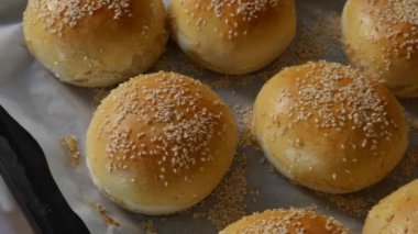 Hamburgerler fırından yeni çıktı, hala sıcak, susam tohumları bol bol serpiştirilmiş. Ev yapımı yuvarlak domuz çörekleri, kırmızı kabuklu.