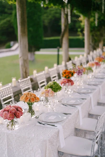 Recepción de mesa de cena de boda. Una mesa muy larga para invitados con un mantel blanco, arreglos florales, sillas transparentes de plástico de vidrio Chiavari. Bajo las viejas columnas con vides de glicina . — Foto de Stock