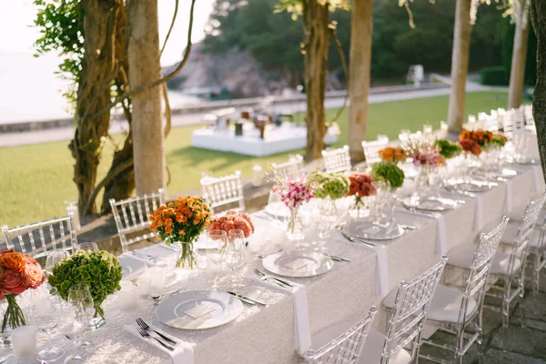 Resepsi meja makan malam pernikahan. Meja yang sangat panjang untuk tamu dengan taplak meja putih, rangkaian bunga, kursi transparan plastik Chiavari. Di bawah kolom lama dengan tanaman merambat wisteria. Stok Lukisan  