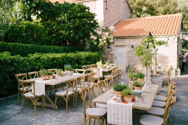 Wedding dinner table reception at sunset outside. Ancient rectangular wooden tables with rag runner, wooden vintage chairs, lavender pots, cherry tomatoes and clay pots with lemons on tables