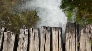 Hırvatistan 'daki Plitvice Gölleri Ulusal Parkı' ndaki dağ nehirleri ve şelale suları üzerinden yeşil sık bahar ormanları boyunca ahşap yol.
